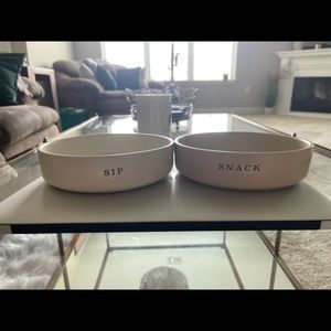 Beige dog bowls